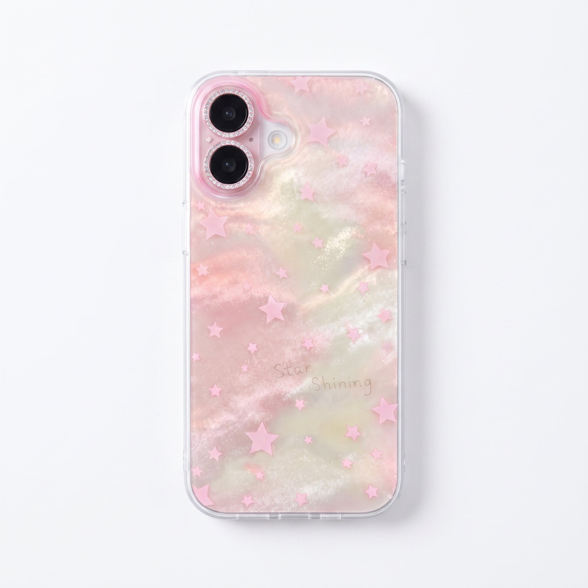 iPhone 16 Uyumlu Pembe Yıldızlı Hologram Telefon Kılıfı Şeffaf Simli Koruyucu Kılıf