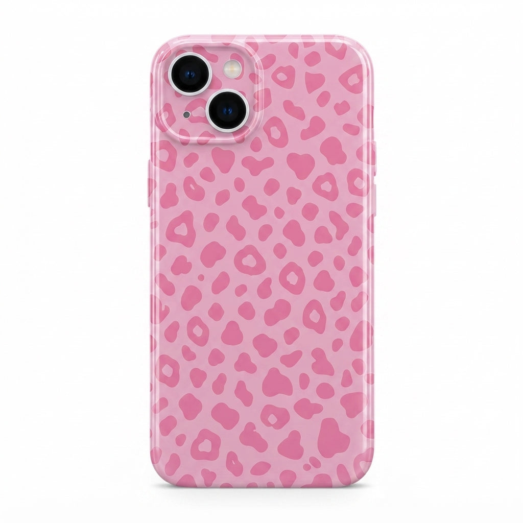 iPhone 15 Pink Leopar Protect Slim Parlak Tam Kaplayan Baskı Kamera Korumalı Telefon Kılıfı