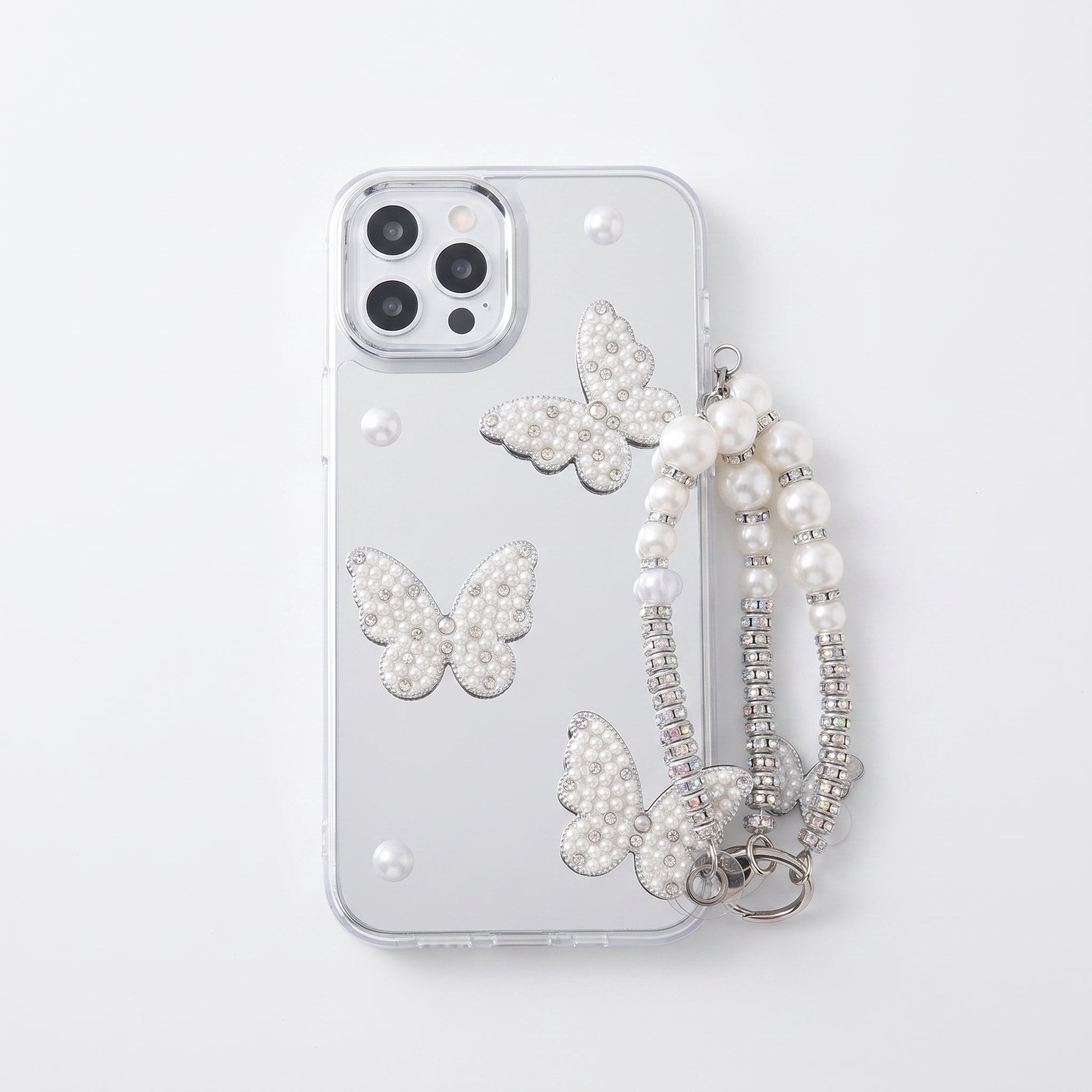 Iphone 14 PROMAX Aynalı Charm Kelebek Tasarımlı Oyuncaklı Silikon Kılıf