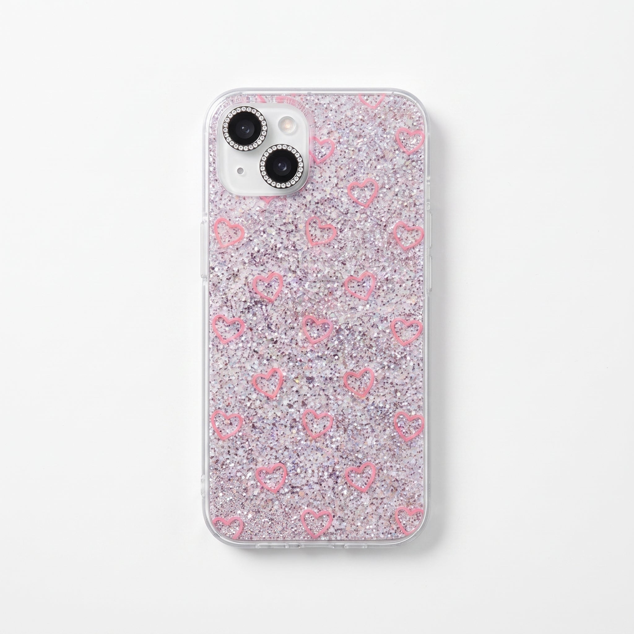 iPhone 16 Uyumlu Pembe Kalp Desenli Holografik Telefon Kılıfı Parlak Şeffaf Kılıf
