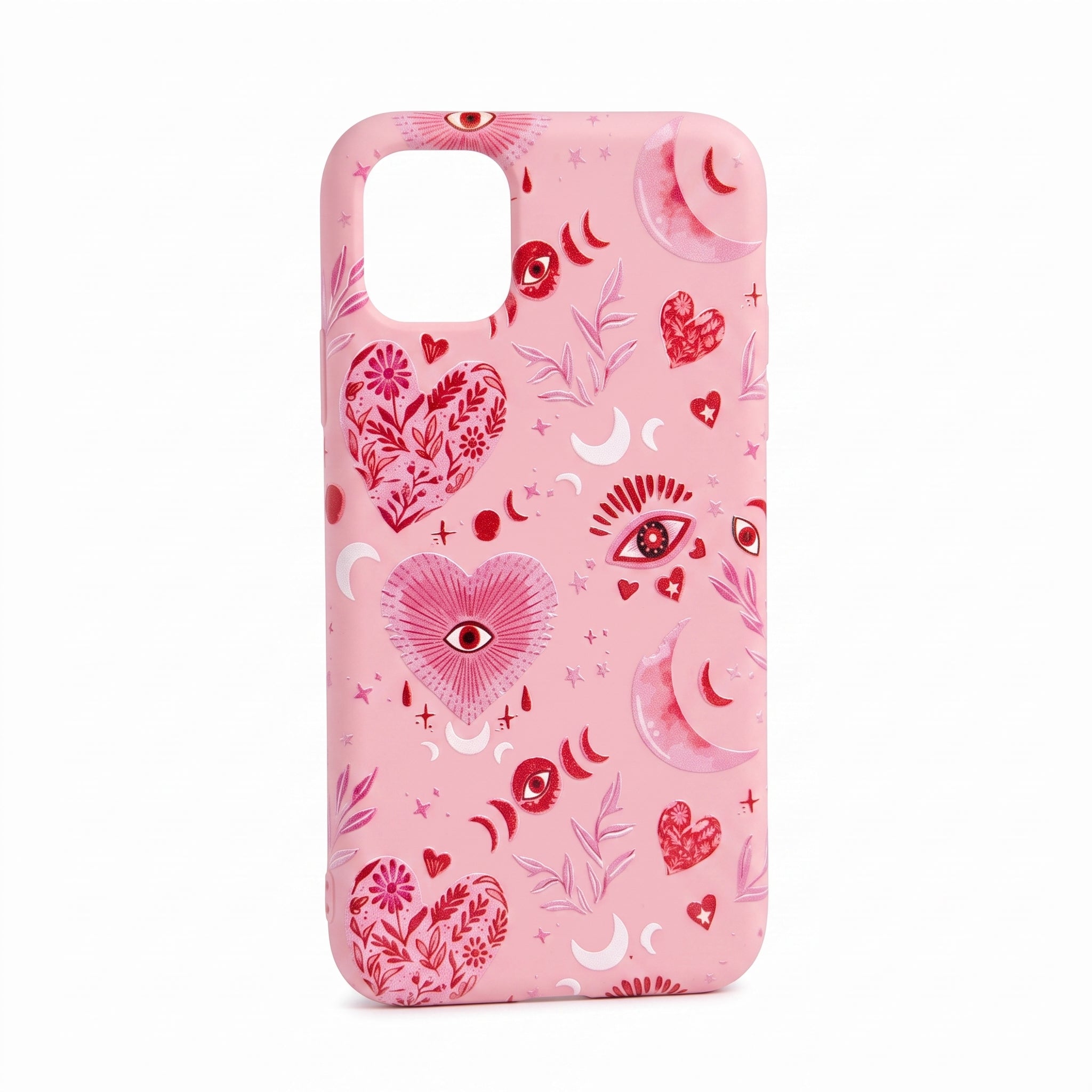 Iphone 11 Uyumlu Pembe Mistik Kalp & Ay Desenli İçi Kadife Sert Silikon Telefon Kılıfı
