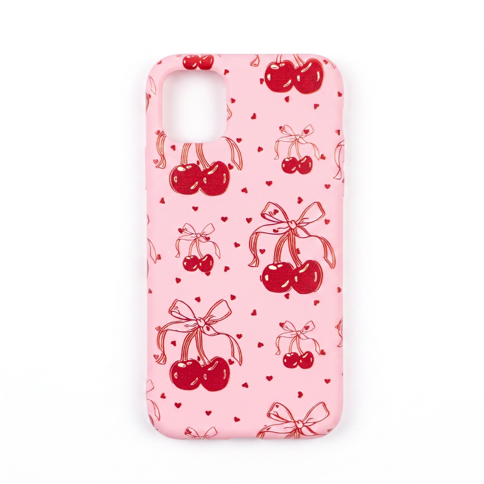 Iphone 11 Uyumlu Kurdele Kiraz ve Minik Kalpler Desenli Pembe Silikon Telefon Kılıfı
