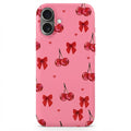 iPhone 16 Pembe İçi Kadife Kiraz Fiyonk Desenli Silikon Telefon Kılıfı