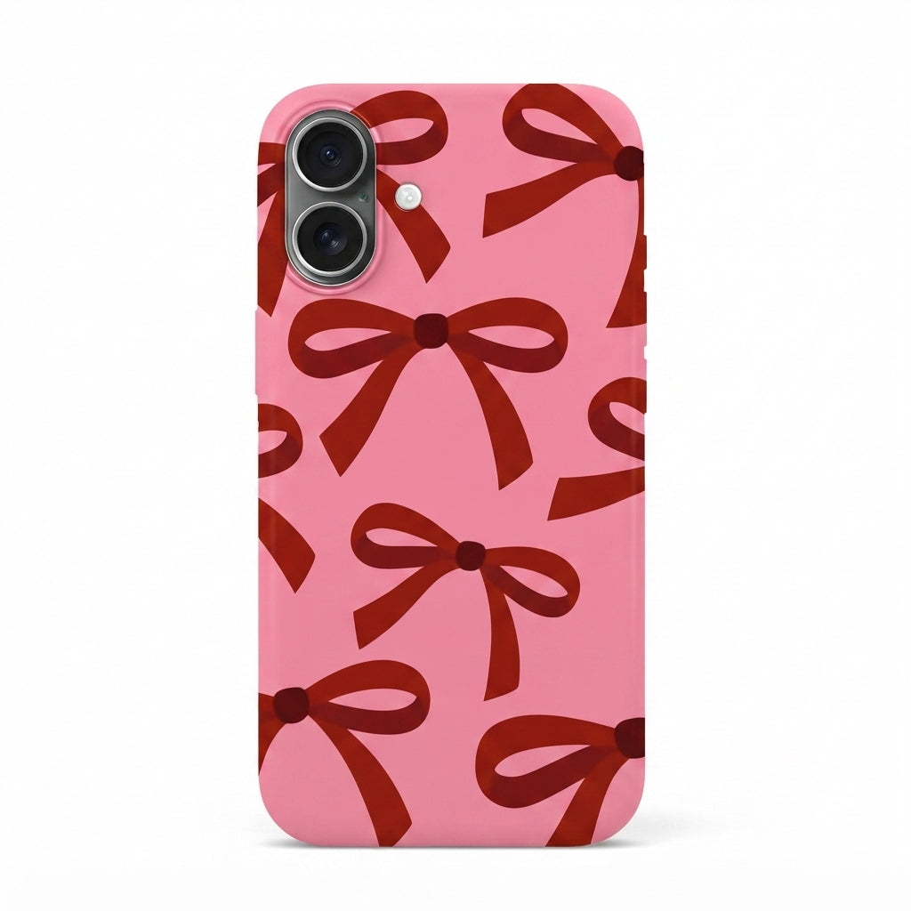 iPhone 16 Pembe İçi Kadife Kırmızı Fiyonk Desenli Silikon Telefon Kılıfı