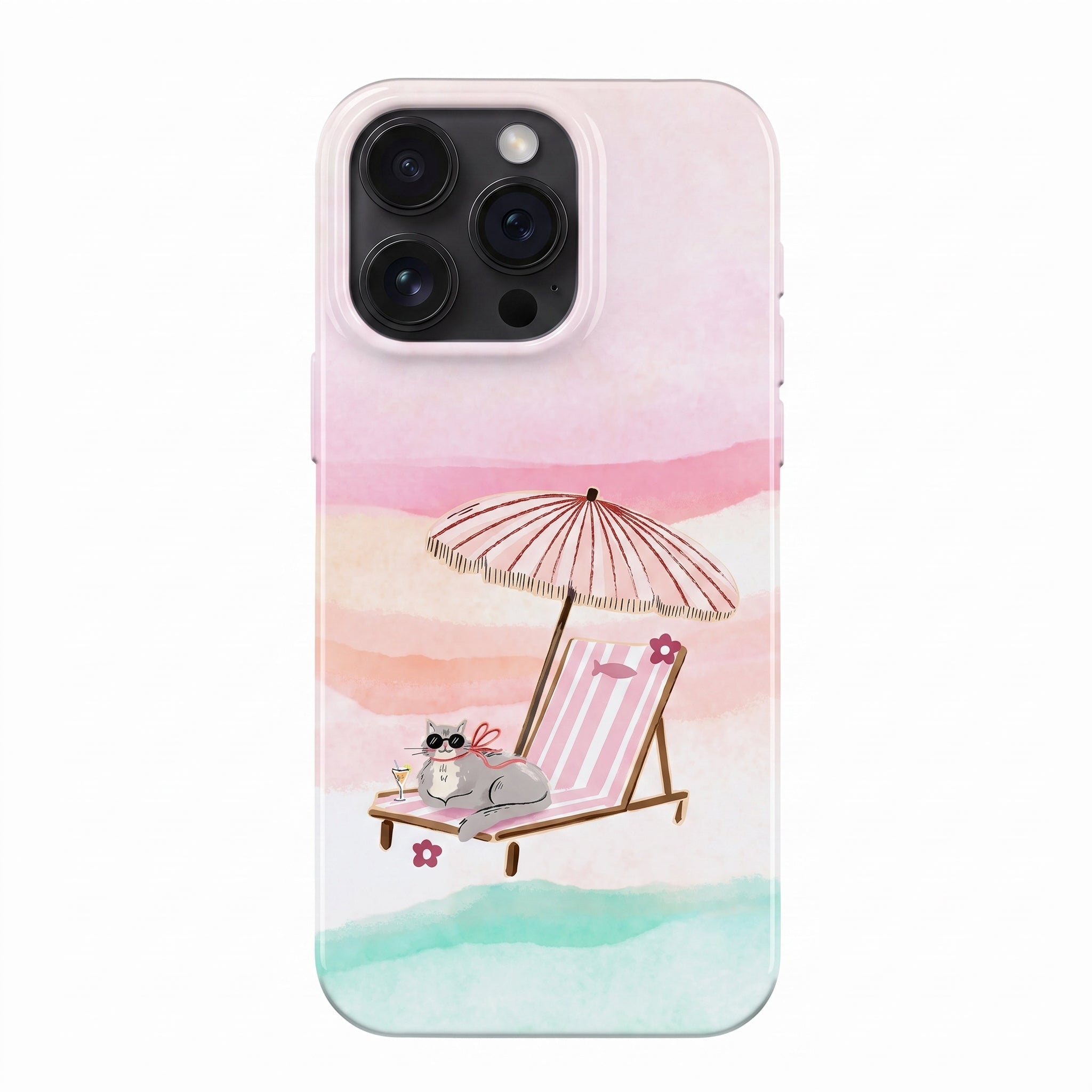 iPhone 17 Pro Max Beach Cat Protect Slim Parlak Tam Kaplayan Baskı Kamera Korumalı Telefon Kılıfı