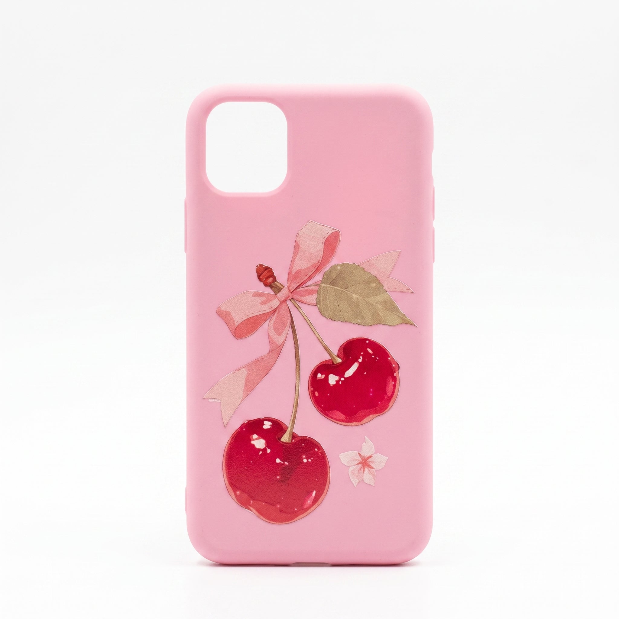 iPhone 16 Uyumlu Kiraz ve Kurdele Desenli İçi Kadife Sert Silikon Pembe Telefon Kılıfı