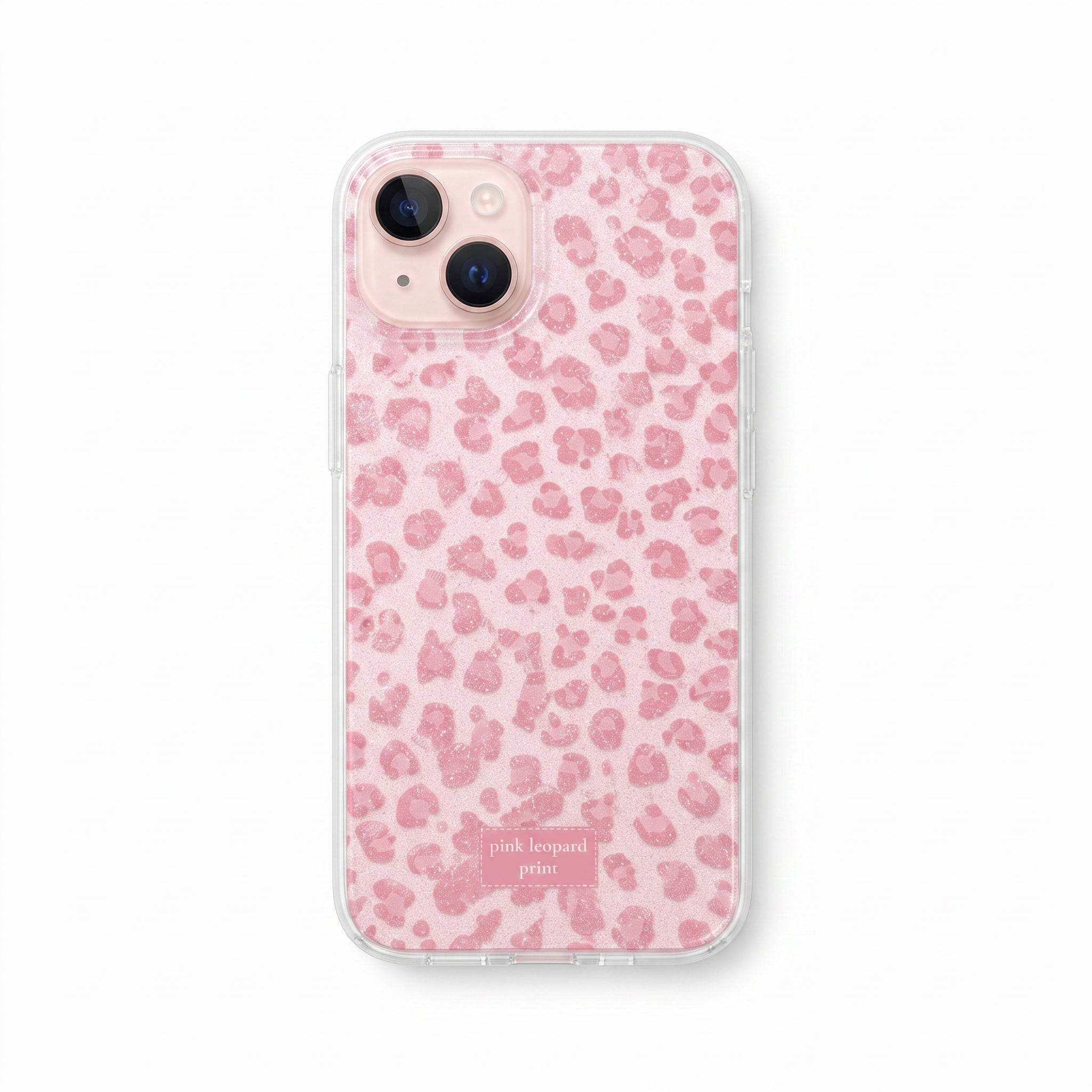 iPhone 13 / 14 / 15 Uyumlu Pembe Leopar Desenli Şeffaf Simli Telefon Kılıfı Şık ve Koruyucu Tasarım