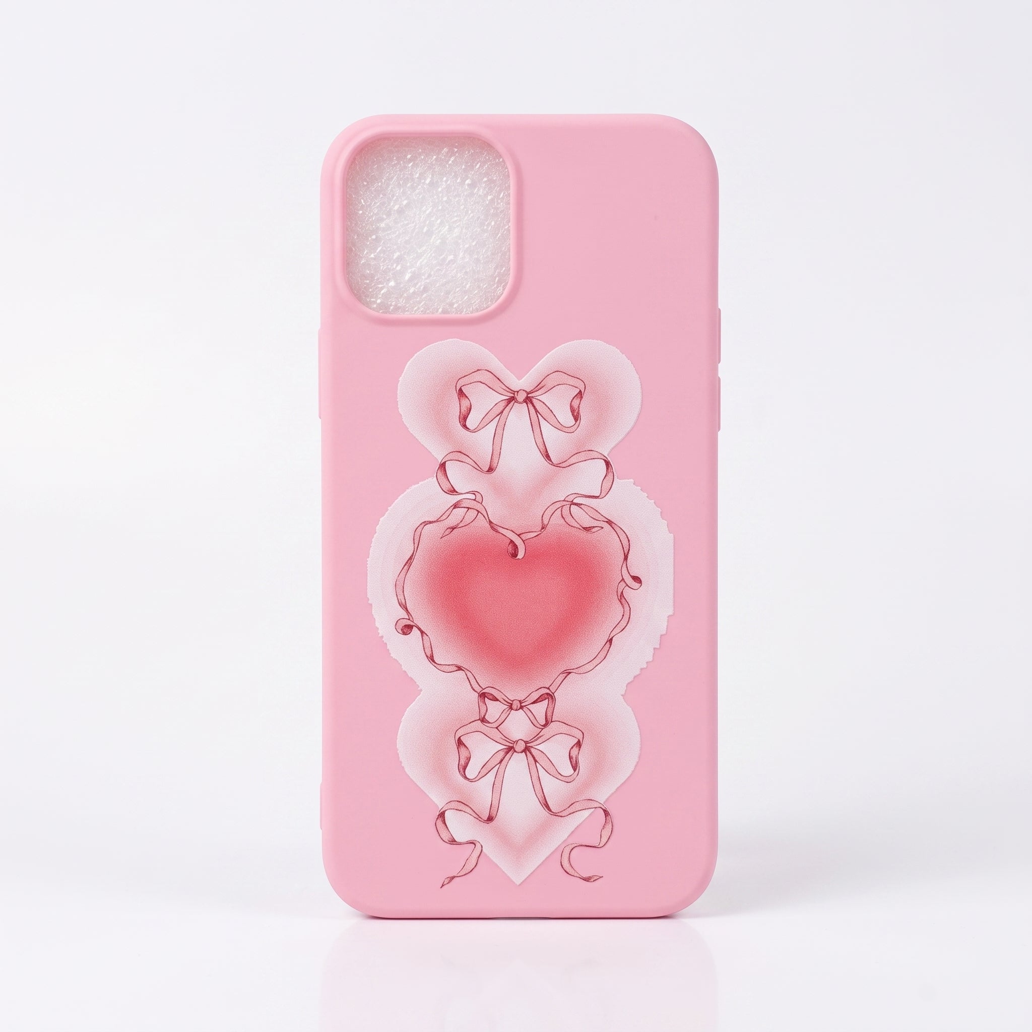 iPhone 12 & iPhone 12 Pro Uyumlu Kalp ve Kurdele Desenli Pembe Telefon Kılıfı