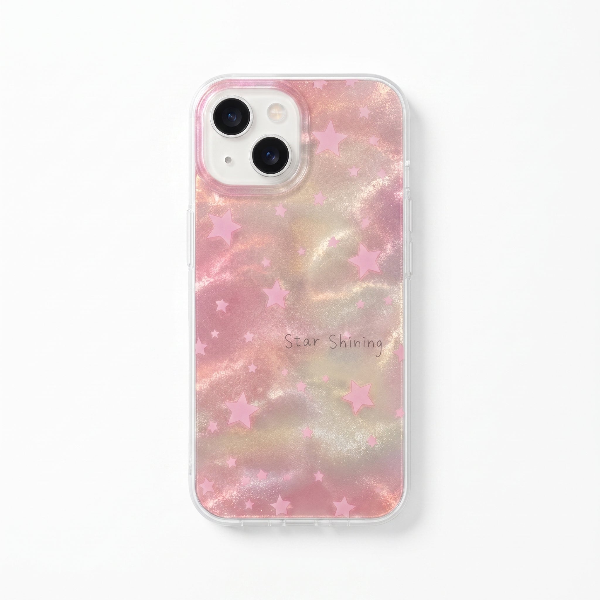 iPhone 13 / 14 / 15 Uyumlu Pembe Yıldızlı Hologram Telefon Kılıfı Şeffaf Simli Koruyucu Kılıf