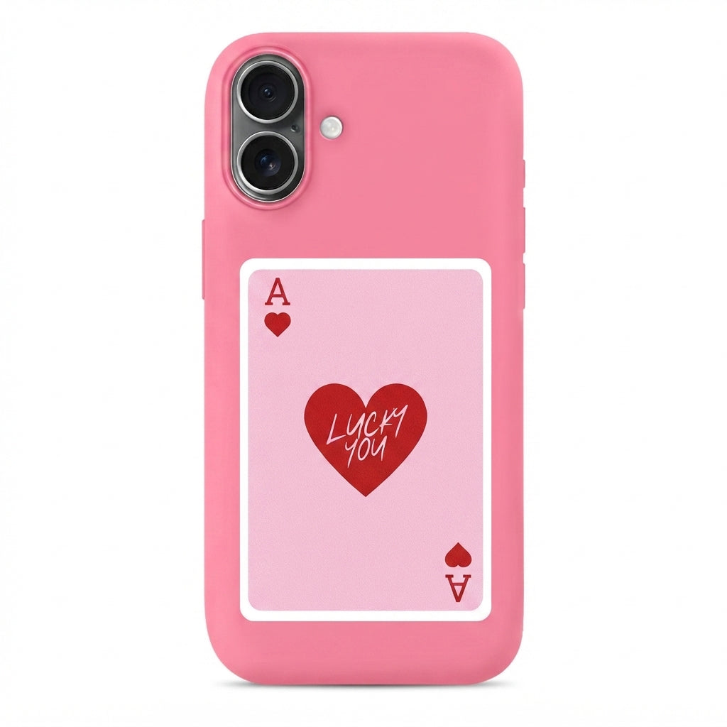iPhone 16 Pembe İçi Kadife Lucky You Desenli Silikon Telefon Kılıfı
