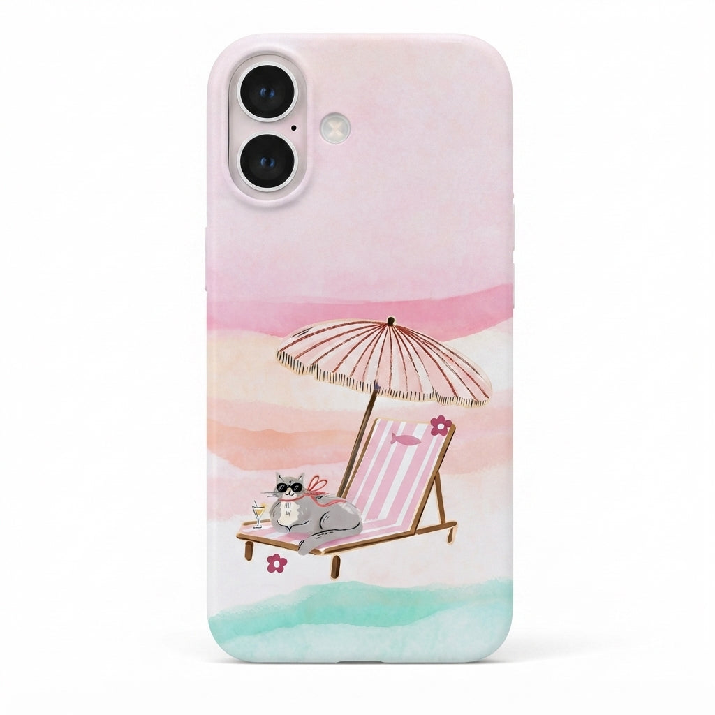iPhone 16 Beach Cat Protect Slim Parlak Tam Kaplayan Baskı Kamera Korumalı Telefon Kılıfı