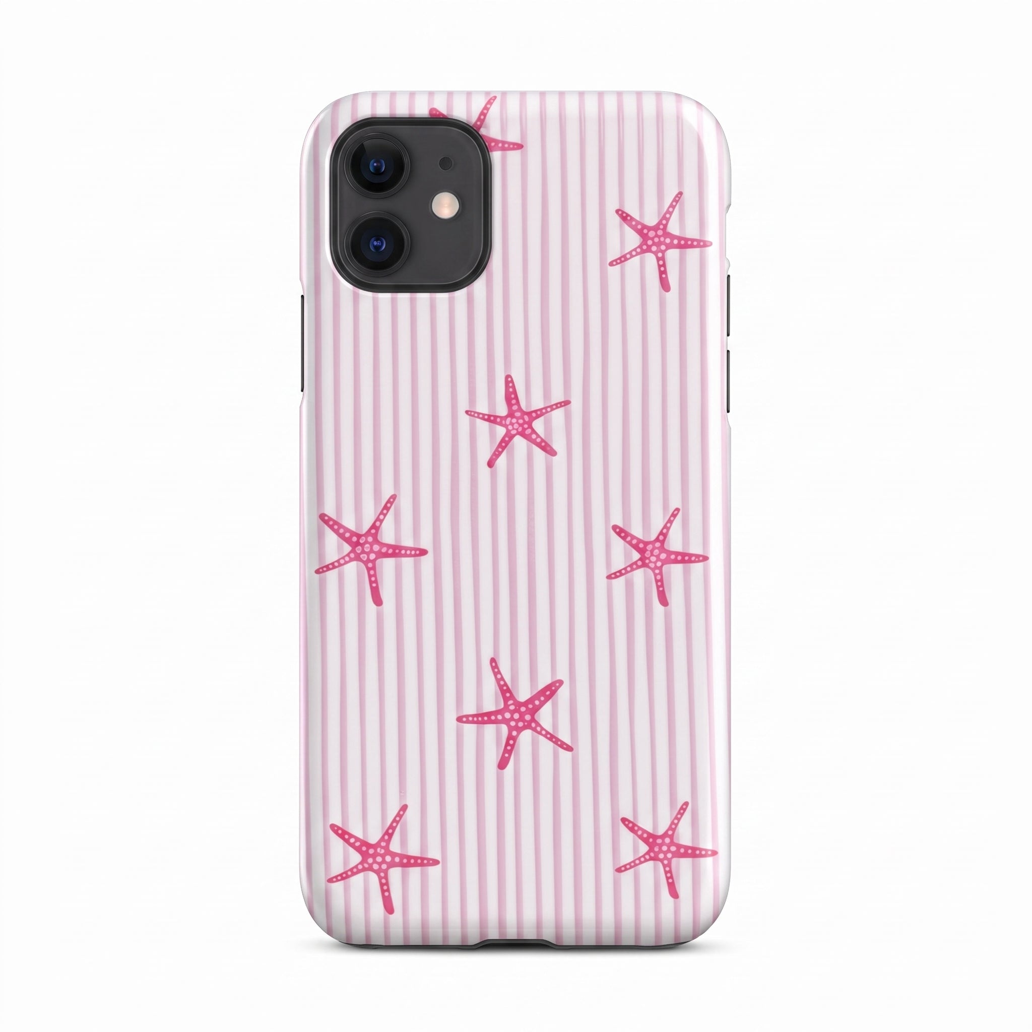 iPhone 12 Uyumlu Pembe Deniz Yıldızı Desenli Çizgili Kadifemsi Soft Touch Silikon Telefon Kılıfı